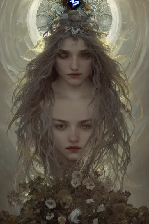 Prompt: goddess of thunderstorm, silver hair, ice eyes, fair skin, lightly dressed, fantasy, intricate, highly detailed, digital painting, artstation, concept art, smooth, sharp focus, art by Artem Demura and Alphonse Mucha, ArtGerm, valentina remenar, ruan jia