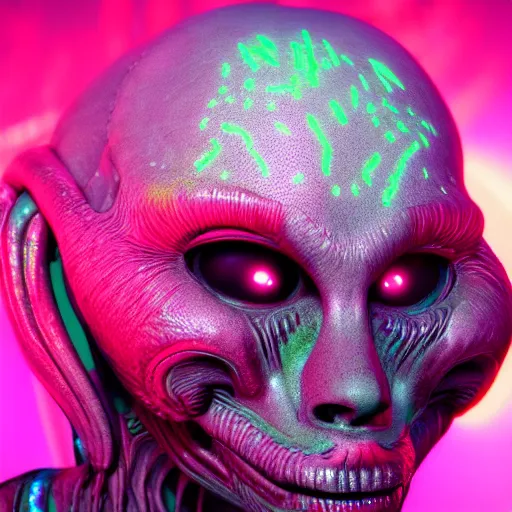 Image similar to synthwave alien face with neon tattos, detailed face, sharp focus, synthwave art, aesthetic, octane render, raw, cinematic