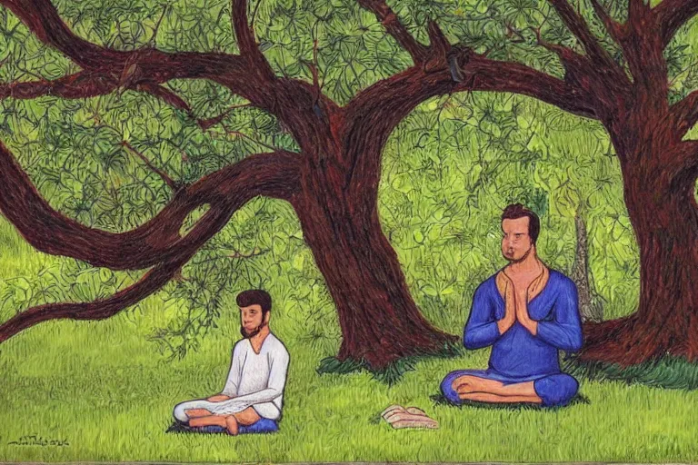 Prompt: a man meditating under a tree by alex gray,