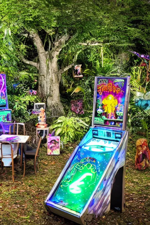 Image similar to al fresco arcade holographic pinball tables in the garden ruins, tree spirits kodama forestfolk excitedly gather round to set a new high score, neon pinball fantasy forest festival