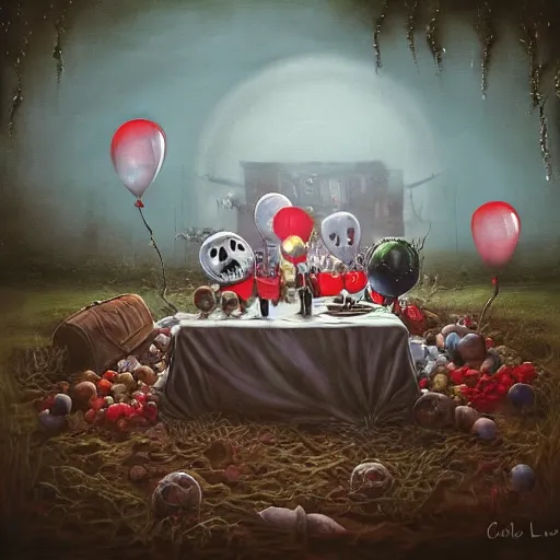 Image similar to grunge painting of a picnic with a wide smile and a red balloon by chris leib, loony toons style, pennywise style, corpse bride style, creepy lighting, horror theme, detailed, elegant, intricate, conceptual, volumetric light