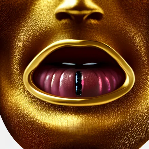 Image similar to ad for a complex golden ring with cameo and gems of a female mouth with a cyberpunk style, 8k, details, studio lighting, realism