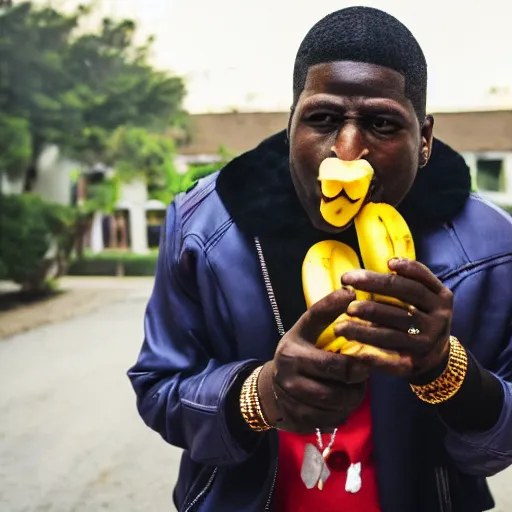 Image similar to angry gucci mane eating bananas in the hood, 8k resolution, full HD, cinematic lighting, award winning, anatomically correct