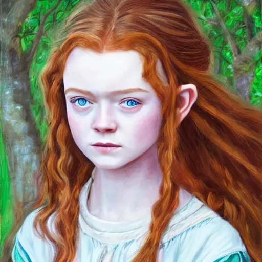 Prompt: a painting portrait of an elvish young girl, looking like Sadie sink, wild hairstyle, 8k, beautiful,