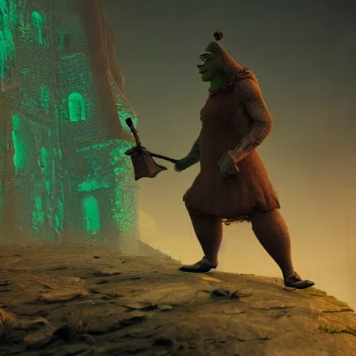 Prompt: Shrek as a dark souls boss art by Mike Winkelmann, power auras, sigils, tattered cloth robes, substance 3d painter, PBR textures, Physical based rendering, cinematic, hyper realism, high detail, octane render, unreal engine, 8k, Vibrant colors, Smooth gradients, High contrast, depth of field, aperture