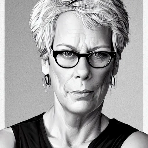Prompt: jamie lee curtis, tired, intelligent, powerful, white hair, loving eyes, fully clothed, wise, beautiful, by stanley artgerm, soft lighting, trending on artstation, flat colour, geometric curves