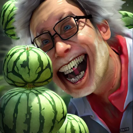 Image similar to a mad scientist in his back yard laughing happily at the watermelons which are falling from the sky , made by Stanley Artgerm Lau, WLOP, Rossdraws, ArtStation, CGSociety, concept art, cgsociety, octane render, trending on artstation, artstationHD, artstationHQ, unreal engine, 4k, 8k,