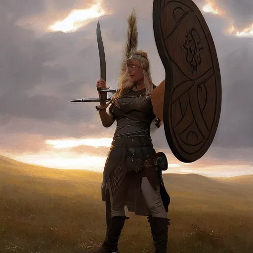 Prompt: A full view image of a viking shield maiden, with a spear and shield, at golden hour by Ruan Jia and Mandy Jurgens and Artgerm and william adolphe bouguereau, highly detailed, trending on artstation, award winning, H 768