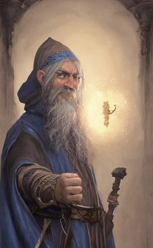 Image similar to portrait of a middle aged elf with a long beard, dressed in a blue cloak, brown grey hair, raised hand, clock iconography, detailed face, fantasy, highly detailed, cinematic lighting, digital art painting by greg rutkowski