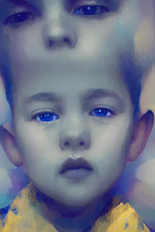 Image similar to little boy, close - up portrait, the portrait is decorated with blue and gold art deco patterns, powerfull, intricate, elegant, volumetric lighting, scenery, digital painting, highly detailed, artstation, sharp focus, illustration, concept art, ruan jia, steve mccurry