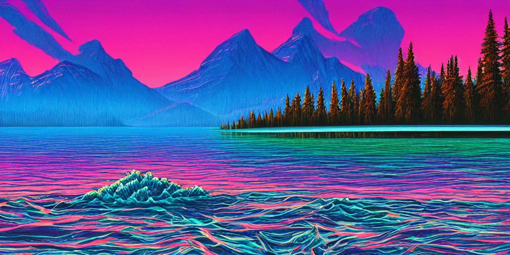 Image similar to beautiful award winning synthwave painting of a canadian lake, extreme detail, digital art, 4 k, ultra hd