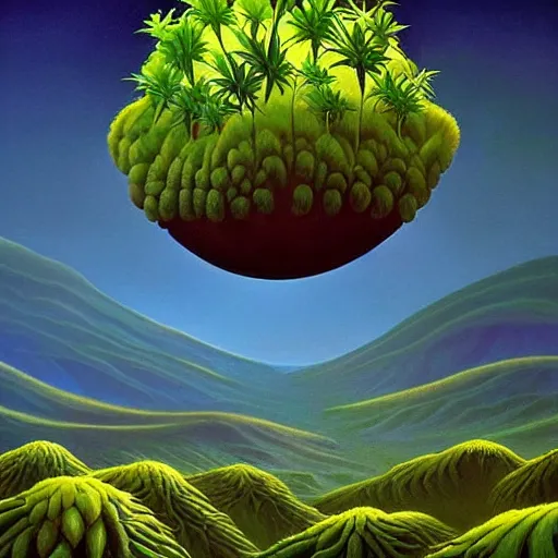 Prompt: surrealistic painting of cannabis dense bushes on alien planet, colourful morning, by vladimir kush