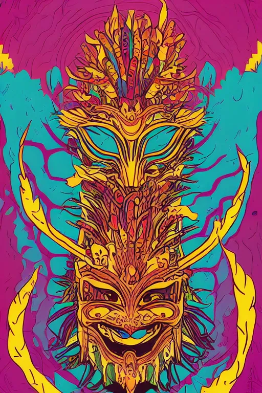 Image similar to animal mask totem roots flower tribal feather gemstone plant wood rock shaman vodoo video game vector cutout illustration vivid multicolor borderlands comics by josan gonzales and dan mumford radiating a glowing aura