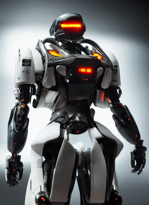 Image similar to a Photorealistic dramatic hyperrealistic full frame render of a Sleek futuristic exosuit Freedom Formula Racing Mech,Ultra realistic details,glossy white metal,Orange racing stripes,weathered surfaces,by Hidetaka Tenjin,Yoh Yoshinori,Yoji Shinkawa,Masamune Shirow,Beautiful dramatic dark moody tones and lighting,cinematic atmosphere,studio lighting,shadows,dark background, Octane render,8K