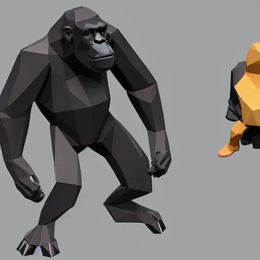 Image similar to gorillas without legs and using their arms to move. playing a game of tag in low poly video game