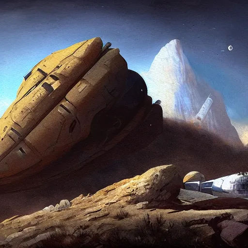 Image similar to derelict spacecraft sticking out from a mountain, painted by Raphael Lacoste