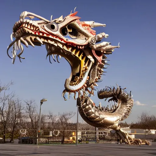 Prompt: an anatomical correct chinese dragon skeleton covered in titanium, floating in the sky, photographed by andrew thomas huang