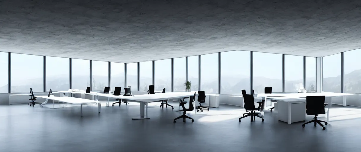 Prompt: large office on top of mountain, modern, well kept, bright, ethereal feel, volumetric lighting, godrays, warm light, high ceiling, table in the middle, office chair, couch, grand, curved windows around the wall, white concrete, plangs in wall, balcony outside, digital art, concept art, high detail,