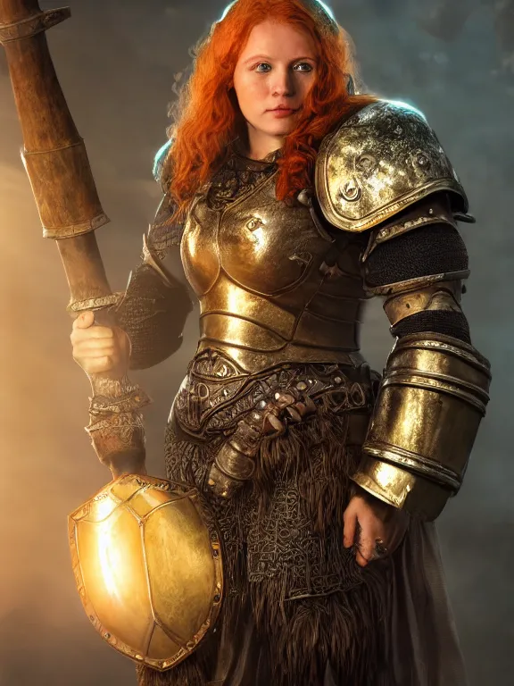 Prompt: dwarven woman, ginger hair, green eyes, holding hammer and shield with plate armour ultra realistic , lens flare, atmosphere, glow, detailed, intricate, full of colour, cinematic lighting, trending on artstation, 4k, hyperrealistic, focused, extreme details, unreal engine 5, cinematic, masterpiece