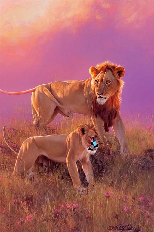 Image similar to spiritual twin flame lioness art pink sunset hue highly detailed oil painting hue by craig mullins