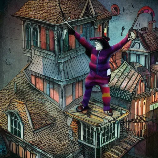 Image similar to A clown on the roof of the church playing with crows, by Android Jones and M. C. Escher collaboration, futurist, digital art, dramatic lighting, symbolic