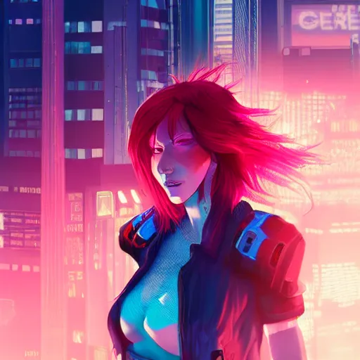 Image similar to a girl with red hair and blue eyes, cyberpunk, rooftop, teal neon lights, highly detailed, digital painting, artstation, concept art, sharp focus, illustration