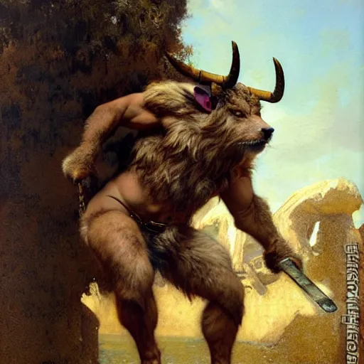 Image similar to a portrait of a furry minotaur wearing a tshirt and pants, furry body, furry chest, furry arms, furry legs, tail. highly detailed painting by gaston bussiere, craig mullins, j. c. leyendecker, furry