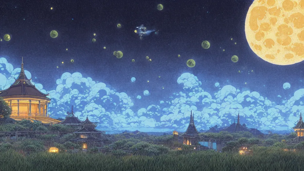 Prompt: highly detailed illustration of a moon landscape with fireflies and temples while rains at night and lots of high exposure cummulonimbus clouds by makoto shinkai, by moebius, by oliver vernon, by joseph moncada, by damon soule, by manabu ikeda, by kyle hotz, by dan mumford, by otomo, 4 k resolution