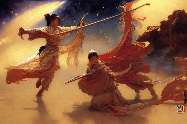 Image similar to wuxia, space, painting by gaston bussiere, craig mullins, j. c. leyendecker