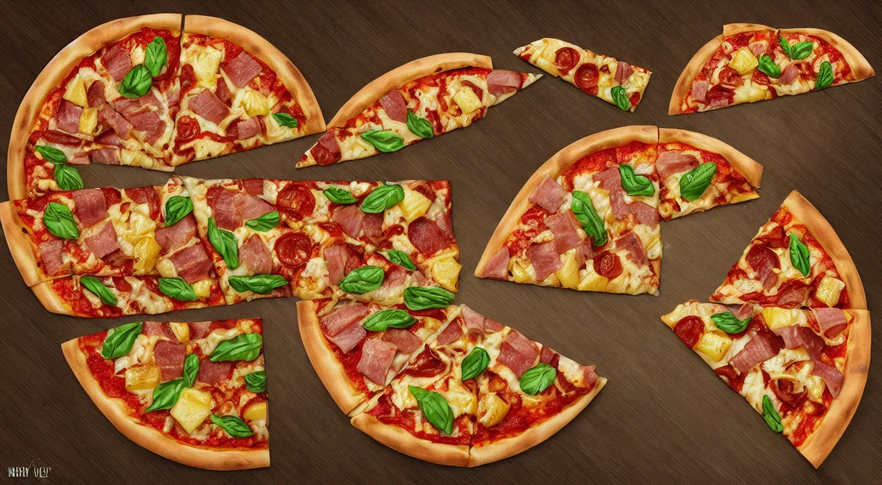 Prompt: one round tasty pizza with pineapple and ham, made in italy, ultra realistic, artstation