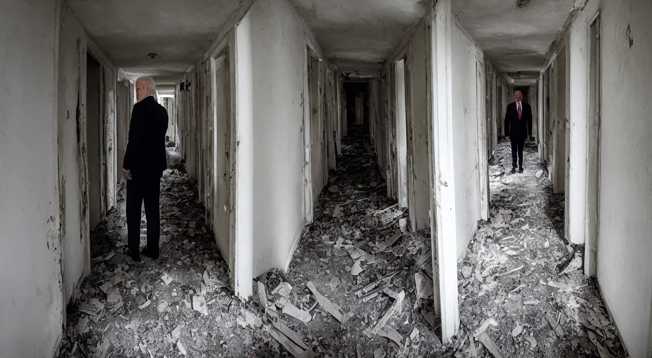 Prompt: unnerving and dark 4 k photograph of joe biden standing deep in the creepy hallways of an abandoned insane asylum