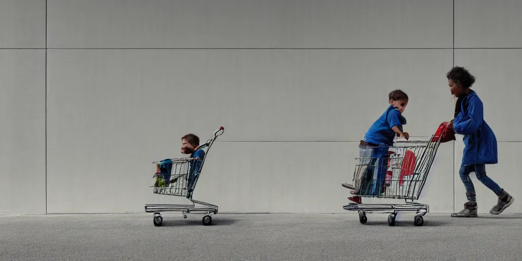 Image similar to homeless mother pushing a shopping cart with a child riding in it, in front of a blank wall, hyperrealistic