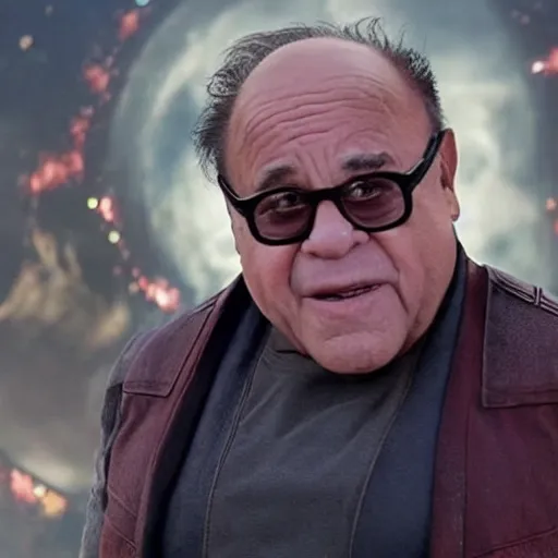 Image similar to a screenshot of Danny Devito playing Thanos in Avengers Endgame