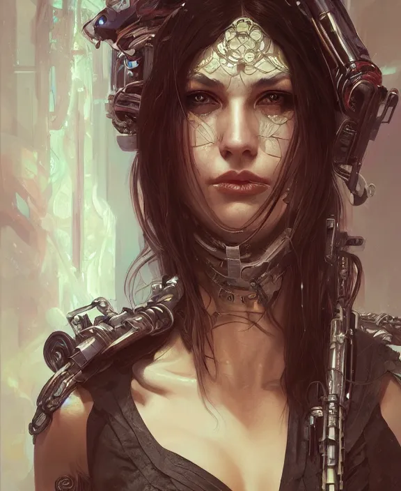 Image similar to portrait of a cyberpunk masked goddess, half body, d & d, fantasy, intricate, elegant, highly detailed, digital painting, artstation, concept art, art by artgerm and greg rutkowski and alphonse mucha