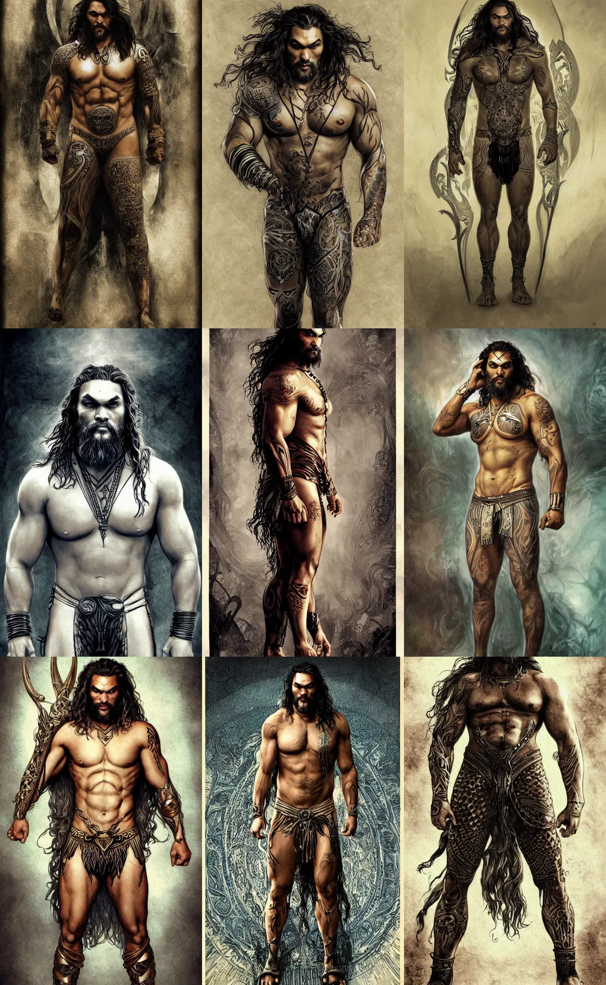 Prompt: jason momoa, standing up, front view, symetrical, full body, neutral background, intricate, sharp focus, illustration, aleksi briclot, mucha
