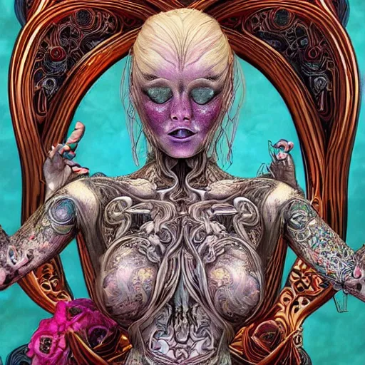 Prompt: blonde girl in a cosmic dress, full-body tattoos, ornate, rococo, grotesque, zbrush art, majestic, organics, silver filigree, colorful, dark fantasy, celtic knot, anatomical, h r giger style, moebius, frank frazetta, ornate, art nouveau, symmetrical, turquoise jewelry, red smoke, roses, unbiased render, rotten, Emil melmoth, eerie, macabre, haunting + insanely detailed and intricate, floral, faded pink, hypermaximalist, elegant, vintage, hyper realistic, super detailed, pastel colors,