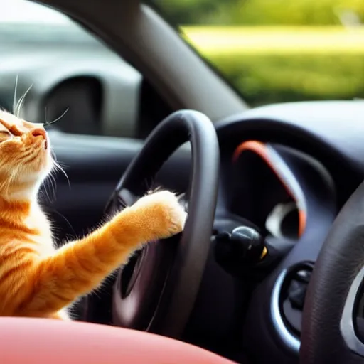 Prompt: an orange tabby cat driving a car, his paws are on the steering wheel