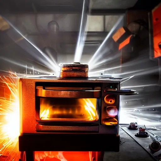 Image similar to cyborg toaster oven repairman, dark messy smoke - filled cluttered workshop, dark, dramatic lighting, orange tint, sparks, plasma rays, cinematic, highly detailed, sci - fi, futuristic, movie still