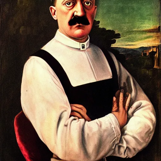 Prompt: ‘Portrait of Adolf Hitler in womens clothes, renaissance painting’