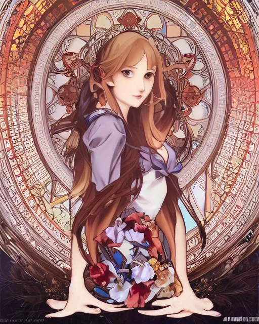 Image similar to illustrated by artgerm, range murata, alphonse mucha