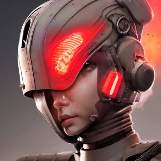 Prompt: close up of evil futuristic dystopian regime soldier, plasma gun, angry, blonde hair, helmet, human, female, concept design, contrast, hot toys, kim jung gi, greg rutkowski, zabrocki, karlkka, jayison devadas, trending on artstation, 8 k, ultra wide angle, pincushion lens effect, red and black color scheme