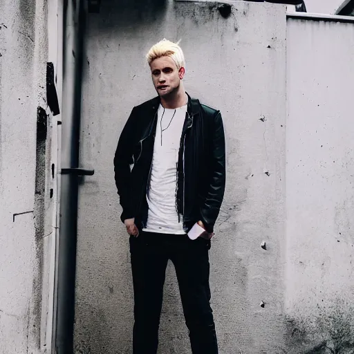 Prompt: A photo of a man, blonde hair, casual business outfit, grungy back alley, scars