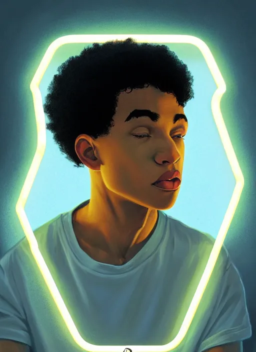 Image similar to portrait of chuck clayton, lightskin black teenage boy, very short curly hair, very short hair, short hair, strong jawline, square jaw, slight smile, reading archie comic, intricate, elegant, glowing lights, highly detailed, digital painting, artstation, concept art, smooth, sharp focus, illustration, art by wlop, mars ravelo and greg rutkowski