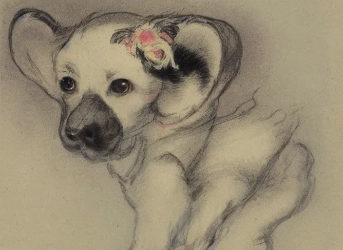 Image similar to Louis Icart, an old elaborate colored drawing of a puppy ghost by Louis Icart, highly detailed, masterpiece