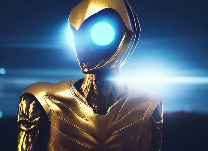 Image similar to closeup of an alien with beautiful glowing eyes, beautiful strange skin, wearing a long flowing cloth shirt over stylish large futuristic golden armor suit walking to an outpost with tall buildings and lights in the background, night sky with stars, beautiful colorful, incredible detail, anamorphic 2 0 mm lens cinematic flare