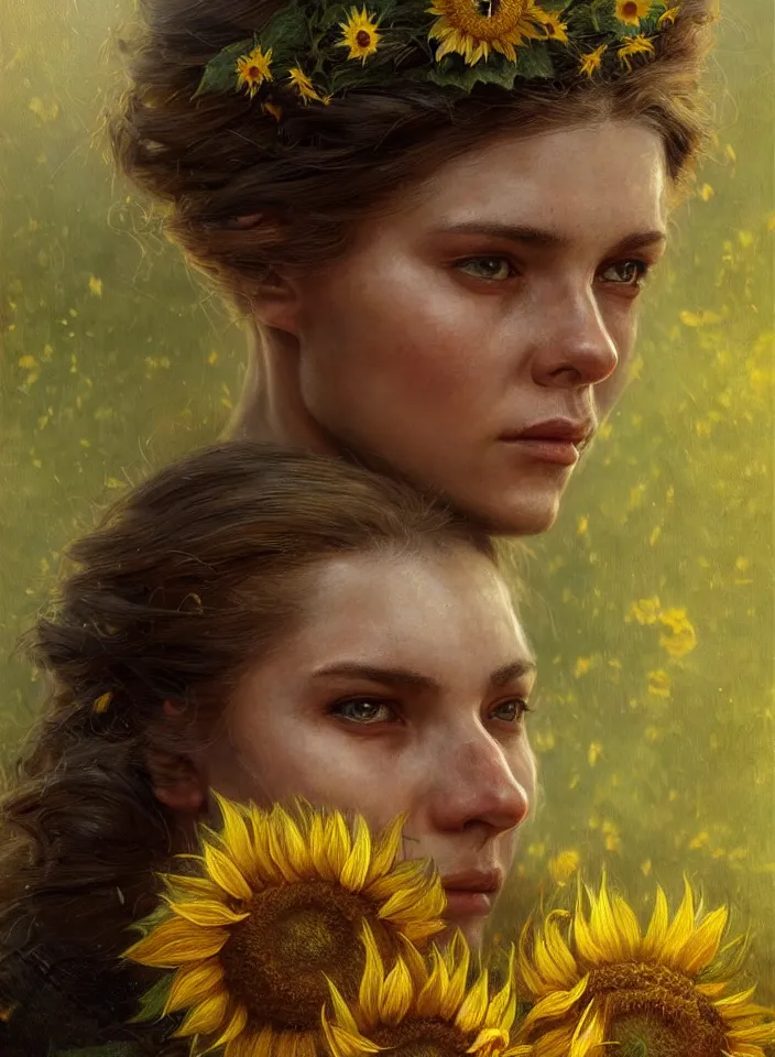 Prompt: close face portrait of a female ukraine soldier with a sunflower in her hair, summer season, moody scene, highly detailed, intricate, sharp details, summer vibe, gorgeous scene by gaston bussiere, craig mullins, somber lighting, drawn by giacomo burattini, inspired by graphic novel cover art, hyperrealistic, 8 k by rhads