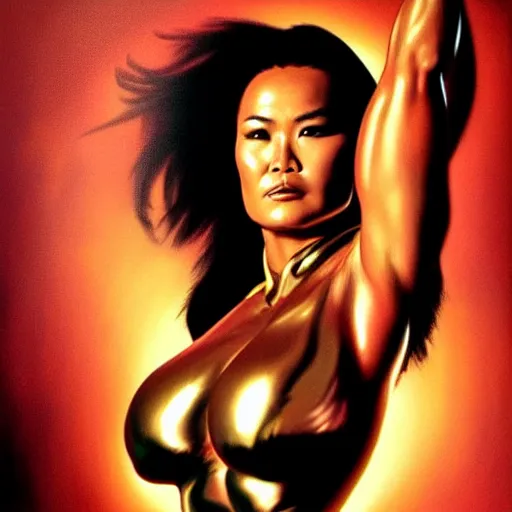 Image similar to tia carrere in cyber metal suit, atmospheric lighting, painted, intricate, golden hour, ultra detailed by alex ross