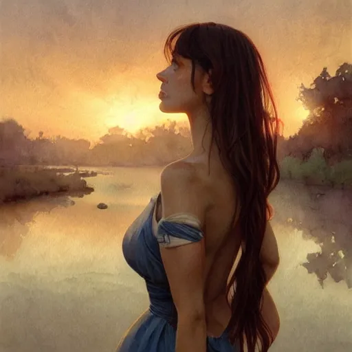 Prompt: River leading into a sunset, Watercolor, photorealistic, high resolution, award winning, trending on artstation, olive skin, long dark hair, beautiful bone structure, intricate, elegant, highly detailed, digital painting, artstation, concept art, smooth, sharp focus, illustration, art by artgerm and greg rutkowski and alphonse mucha