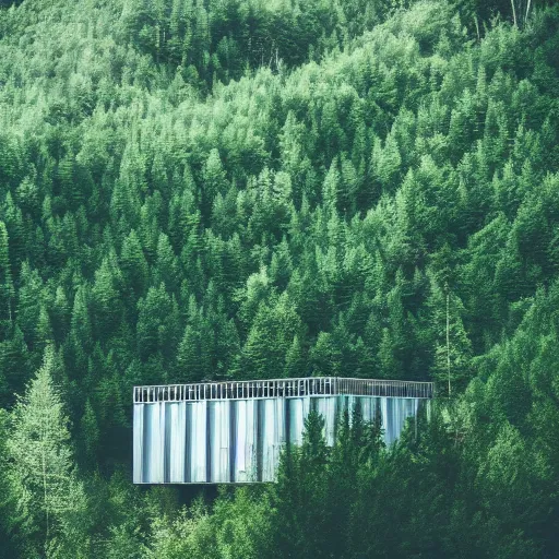 Image similar to sci fi nuclear containment buildings in a steep sided valley with trees, a sense of hope and optimism, birds overhead, stark light, day time, unsplash, national geographic, hd, high res