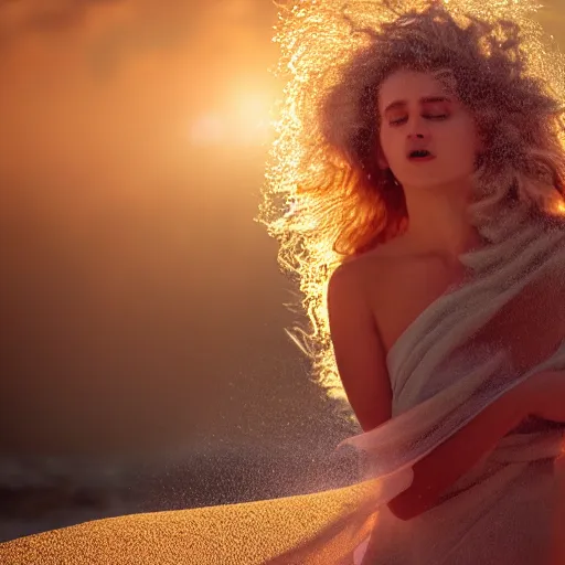 Image similar to filmstill photography of female body covered with curly white translucent blanket blowing in wind, acrylic liquid colors, luxurious supermodel photoshooting, golden jewelry, bokeh, godrays, strong wind, wrinkles, sunrays, sunset, lens flares, monet, renoir, cold colors, sand dunes
